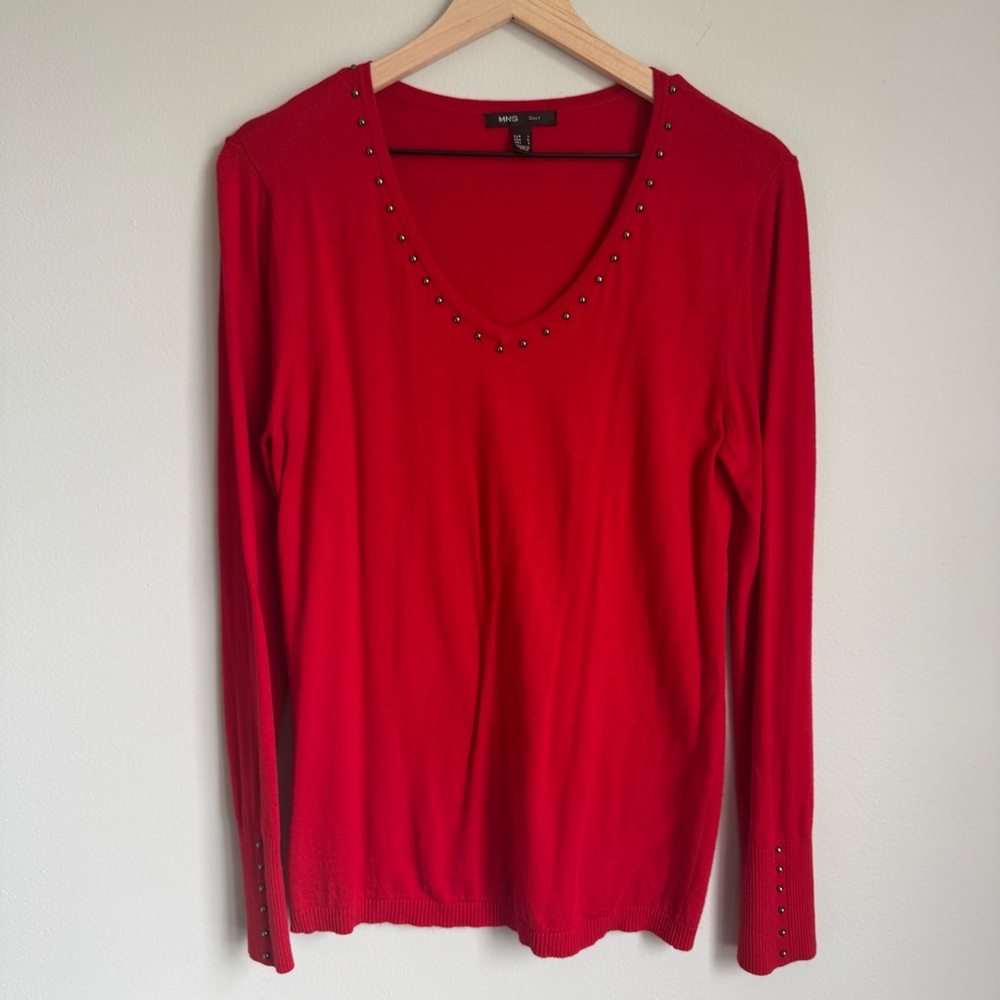 Mango MNG Red Sweater Large V-Neck Studded Holiday Party Office